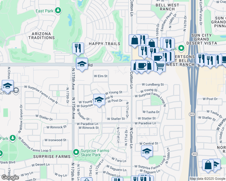 map of restaurants, bars, coffee shops, grocery stores, and more near 17164 West Young Street in Surprise