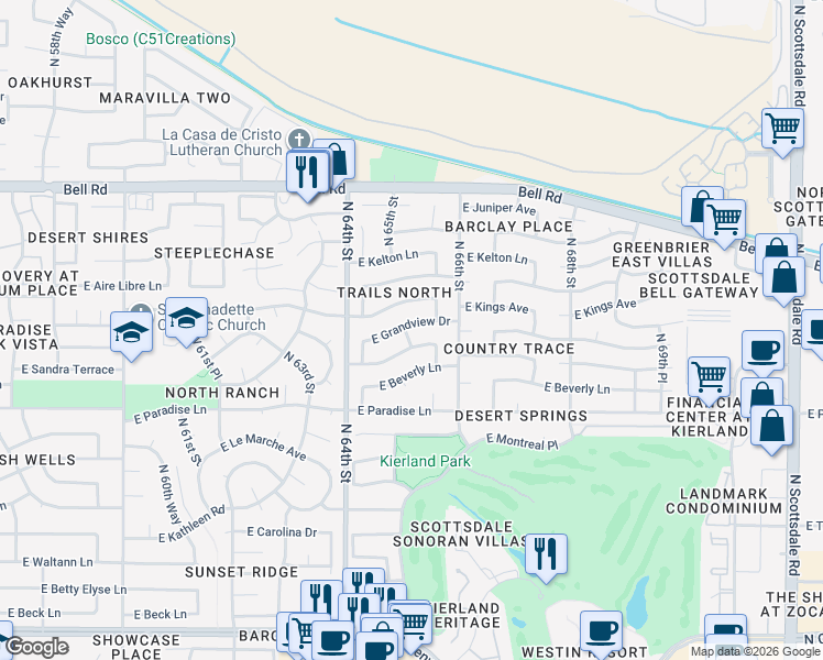 map of restaurants, bars, coffee shops, grocery stores, and more near 6446 East Grandview Drive in Scottsdale