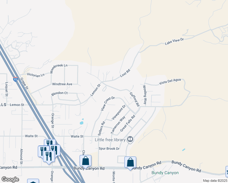 map of restaurants, bars, coffee shops, grocery stores, and more near 33309 Gafford Road in Wildomar
