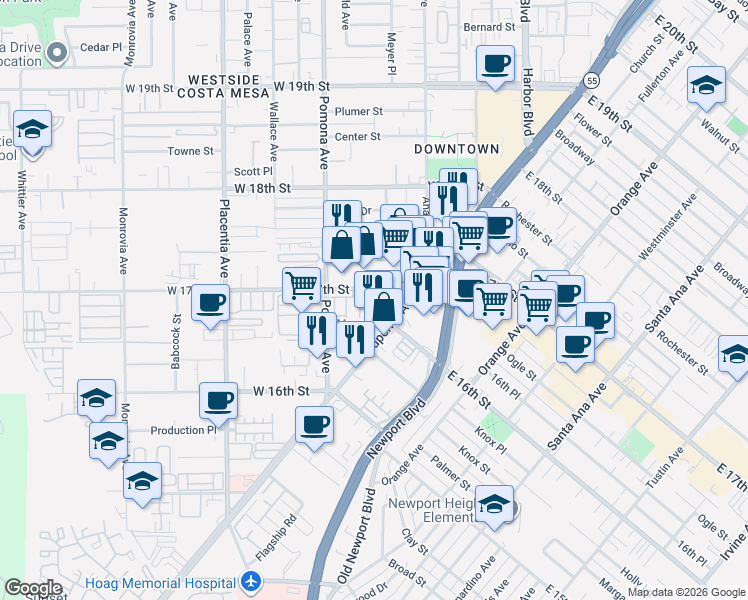 map of restaurants, bars, coffee shops, grocery stores, and more near 1684 Topanga in Costa Mesa