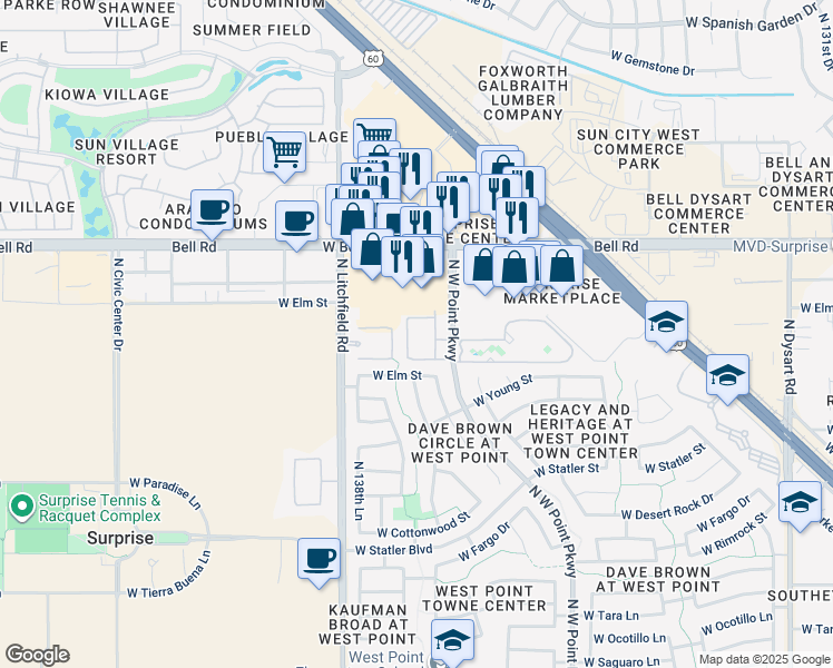 map of restaurants, bars, coffee shops, grocery stores, and more near 16682 North West Point Parkway in Surprise
