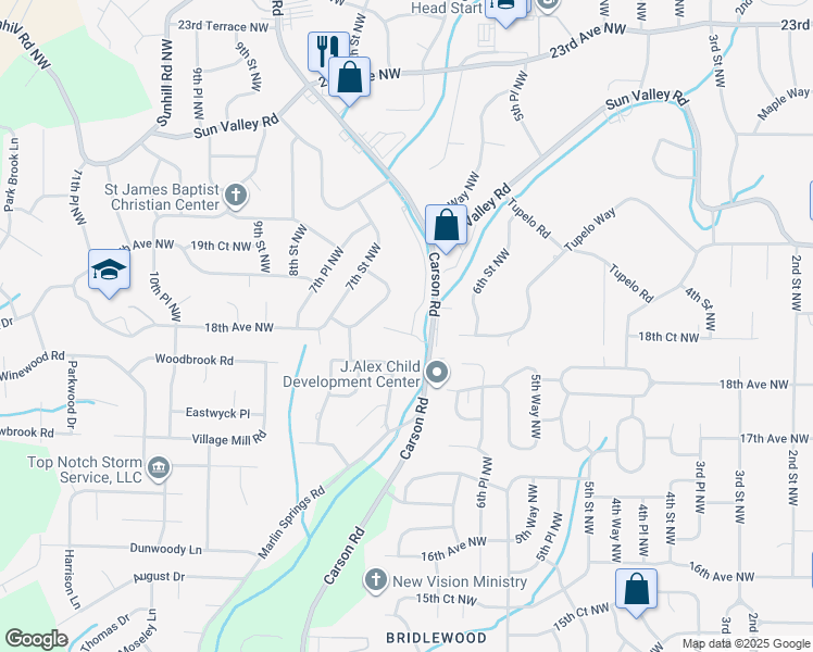 map of restaurants, bars, coffee shops, grocery stores, and more near 1820 Carson Road in Birmingham