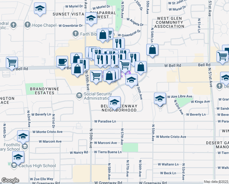 map of restaurants, bars, coffee shops, grocery stores, and more near 5701 West Talavi Boulevard in Glendale