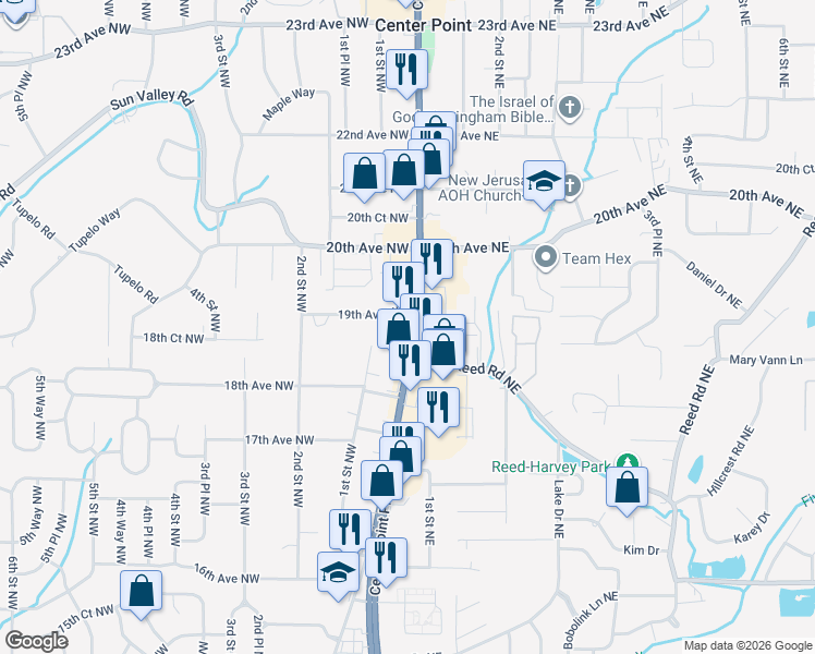 map of restaurants, bars, coffee shops, grocery stores, and more near 1861 Center Point Parkway in Birmingham