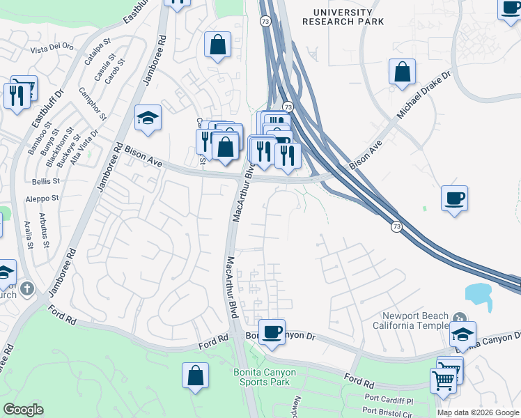 map of restaurants, bars, coffee shops, grocery stores, and more near 8225 Residencia in Newport Beach