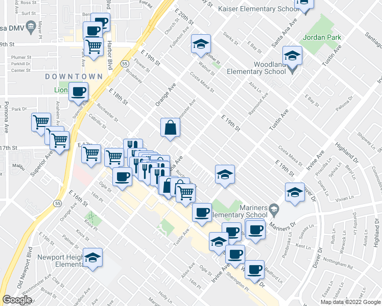 map of restaurants, bars, coffee shops, grocery stores, and more near 308 East 18th Street in Costa Mesa
