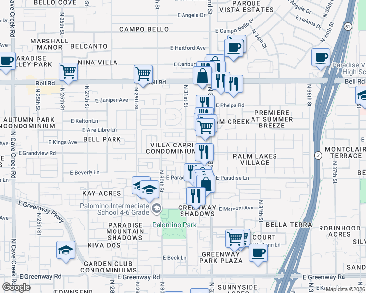 map of restaurants, bars, coffee shops, grocery stores, and more near 16404 North 31st Street in Phoenix