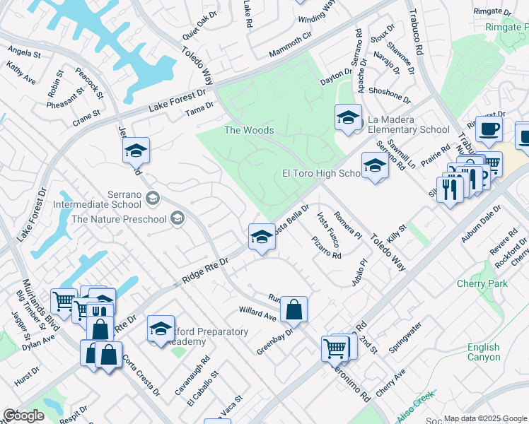 map of restaurants, bars, coffee shops, grocery stores, and more near 22531 Meadowwood in Lake Forest
