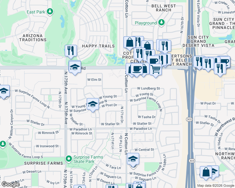 map of restaurants, bars, coffee shops, grocery stores, and more near 17124 West Young Street in Surprise
