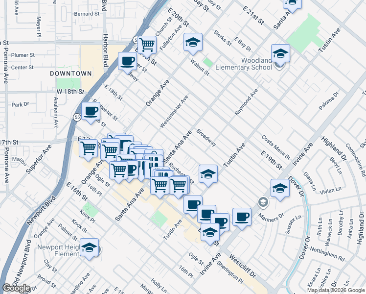 map of restaurants, bars, coffee shops, grocery stores, and more near in Costa Mesa