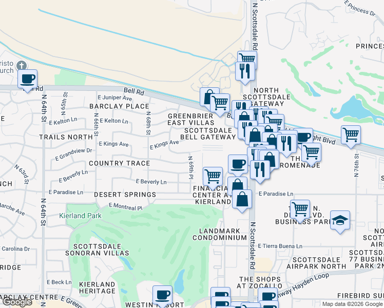 map of restaurants, bars, coffee shops, grocery stores, and more near 6921 East Kathleen Road in Scottsdale