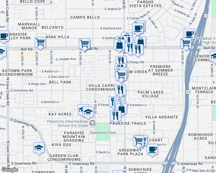 map of restaurants, bars, coffee shops, grocery stores, and more near 16404 North 31st Street in Phoenix