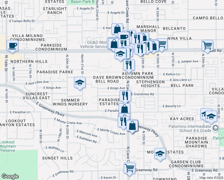 map of restaurants, bars, coffee shops, grocery stores, and more near 2229 East Kings Avenue in Phoenix
