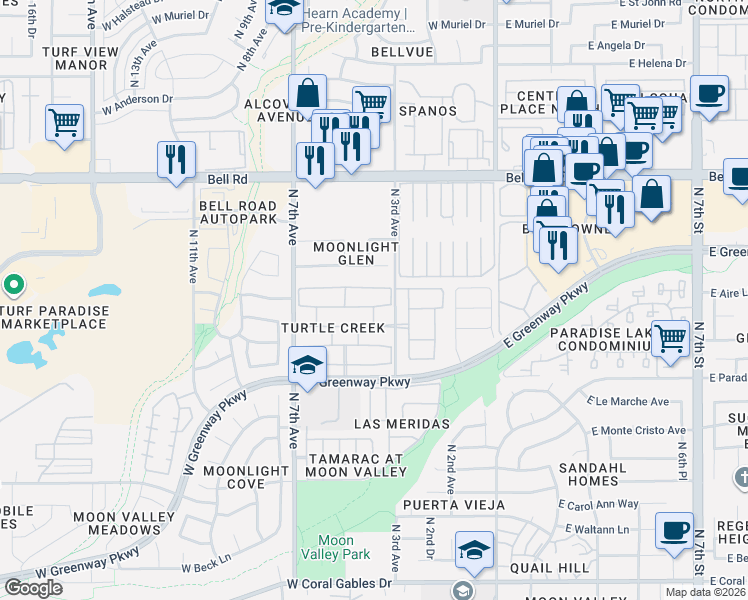 map of restaurants, bars, coffee shops, grocery stores, and more near 409 West Fellars Drive in Phoenix