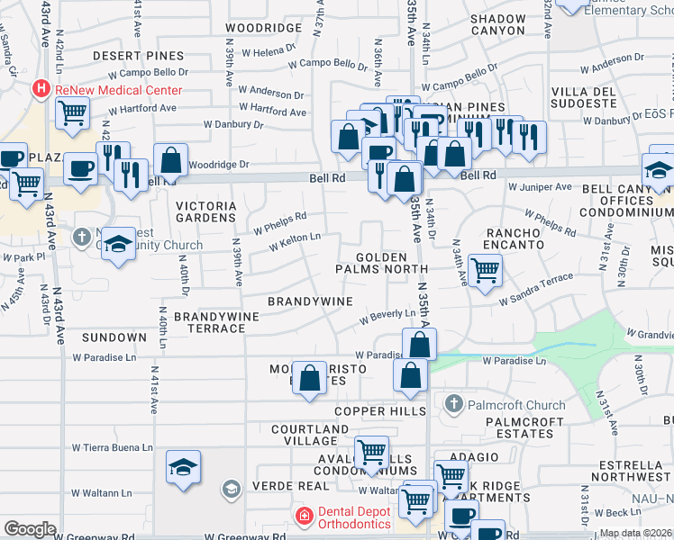 map of restaurants, bars, coffee shops, grocery stores, and more near 16602 North 36th Drive in Phoenix