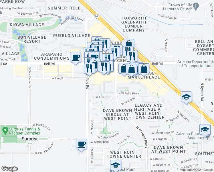 map of restaurants, bars, coffee shops, grocery stores, and more near 16682 North West-Point Parkway in Surprise