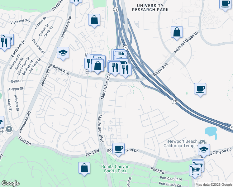map of restaurants, bars, coffee shops, grocery stores, and more near 8225 Residencia in Newport Beach