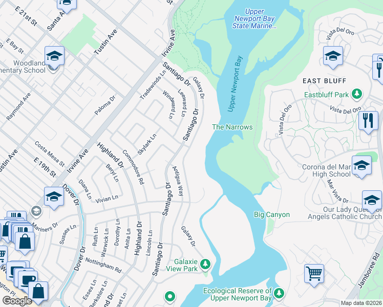 map of restaurants, bars, coffee shops, grocery stores, and more near 1734 Santiago Drive in Newport Beach