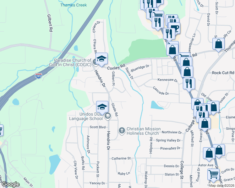 map of restaurants, bars, coffee shops, grocery stores, and more near 637 Brookside Place in Forest Park