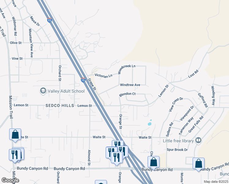 map of restaurants, bars, coffee shops, grocery stores, and more near 22933 Windtree Avenue in Wildomar