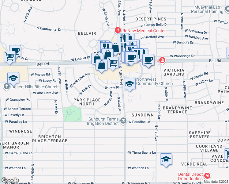 map of restaurants, bars, coffee shops, grocery stores, and more near 4315 West Park Place in Glendale