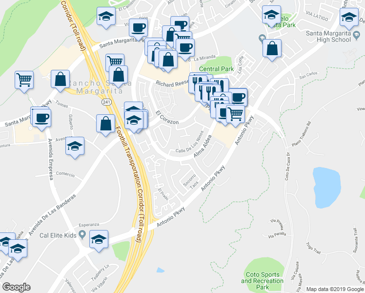 map of restaurants, bars, coffee shops, grocery stores, and more near 53 Calle De Los Ninos in Rancho Santa Margarita