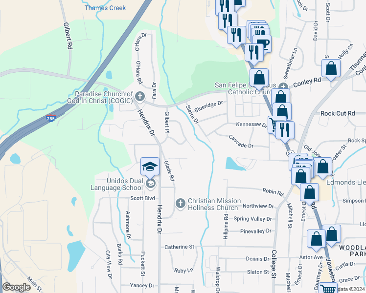 map of restaurants, bars, coffee shops, grocery stores, and more near 655 Brookside Place in Forest Park