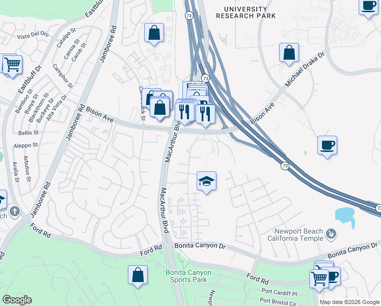 map of restaurants, bars, coffee shops, grocery stores, and more near 8225 Residencia in Newport Beach