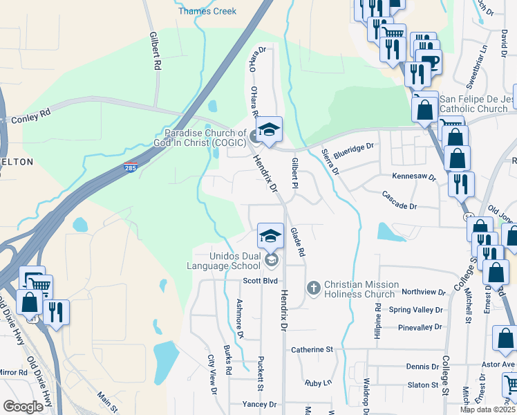 map of restaurants, bars, coffee shops, grocery stores, and more near 547 Springwood Drive in Forest Park