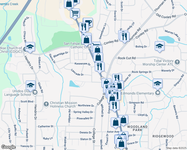 map of restaurants, bars, coffee shops, grocery stores, and more near 908 Kennesaw Drive in Forest Park