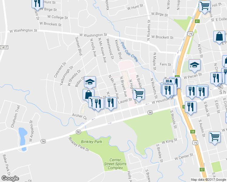 map of restaurants, bars, coffee shops, grocery stores, and more near 312 N Mckown Ave in Sherman