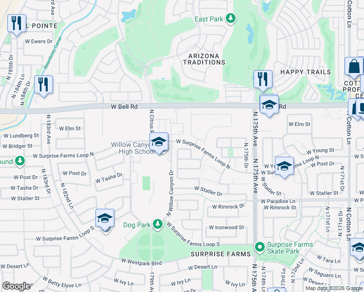 map of restaurants, bars, coffee shops, grocery stores, and more near 17774 W Bridger St in Surprise