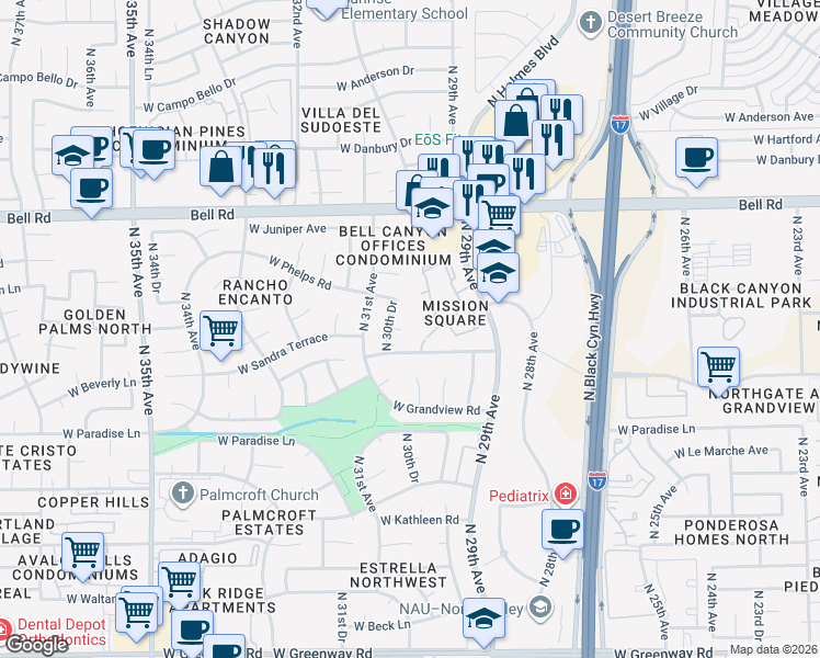 map of restaurants, bars, coffee shops, grocery stores, and more near 3009 West Kelton Lane in Phoenix