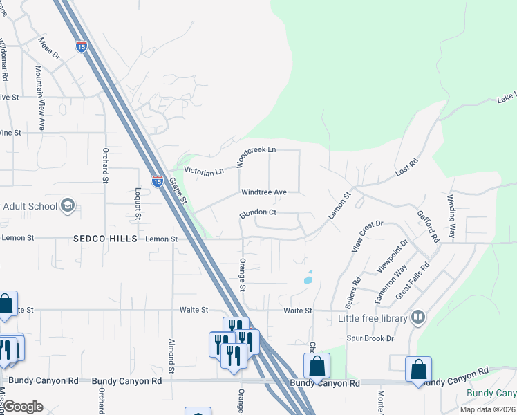 map of restaurants, bars, coffee shops, grocery stores, and more near 22100 Blondon Court in Wildomar