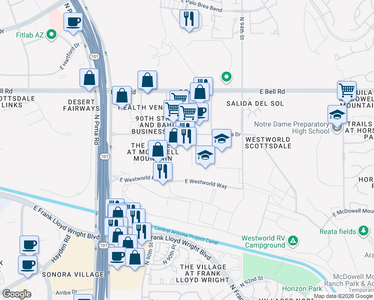 map of restaurants, bars, coffee shops, grocery stores, and more near 16580 North 92nd Street in Scottsdale