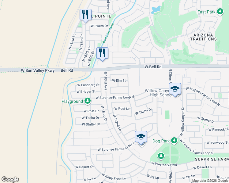map of restaurants, bars, coffee shops, grocery stores, and more near 18248 West Bridger Street in Surprise