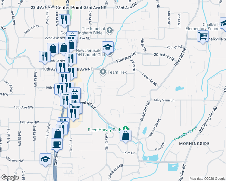 map of restaurants, bars, coffee shops, grocery stores, and more near 309 Melanie Dr NE in Center Point