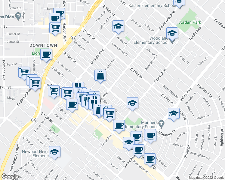 map of restaurants, bars, coffee shops, grocery stores, and more near 308 East 18th Street in Costa Mesa