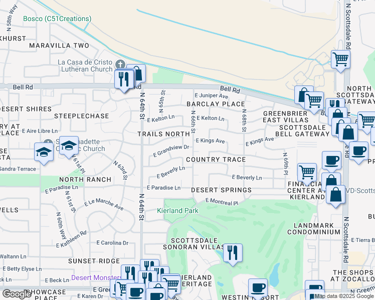 map of restaurants, bars, coffee shops, grocery stores, and more near 6533 East Grandview Drive in Scottsdale