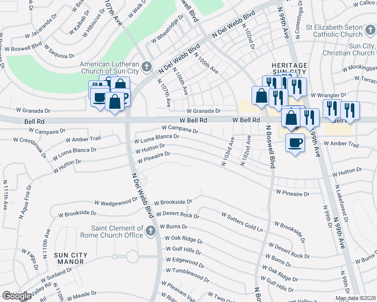 map of restaurants, bars, coffee shops, grocery stores, and more near 10416 West Hutton Drive in Sun City