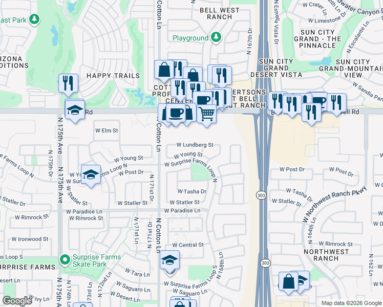 map of restaurants, bars, coffee shops, grocery stores, and more near 24322 North 170th Avenue in Surprise
