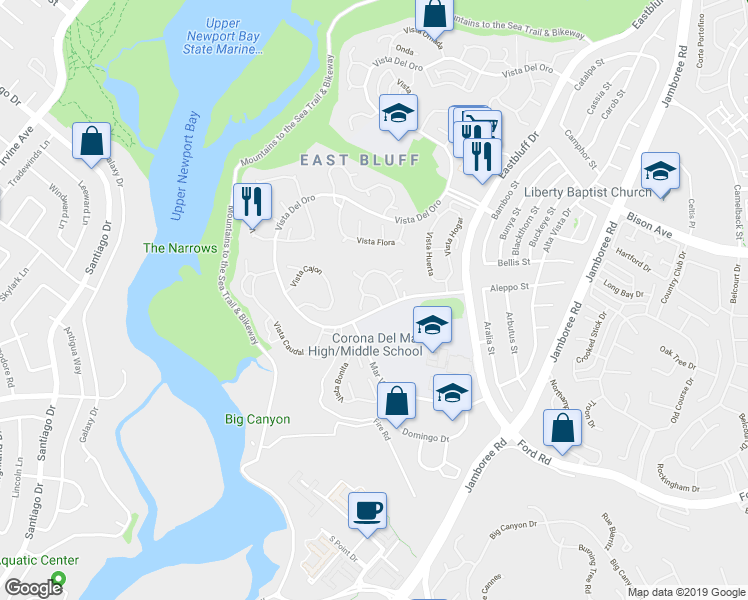 map of restaurants, bars, coffee shops, grocery stores, and more near 2107 Vista Laredo in Newport Beach