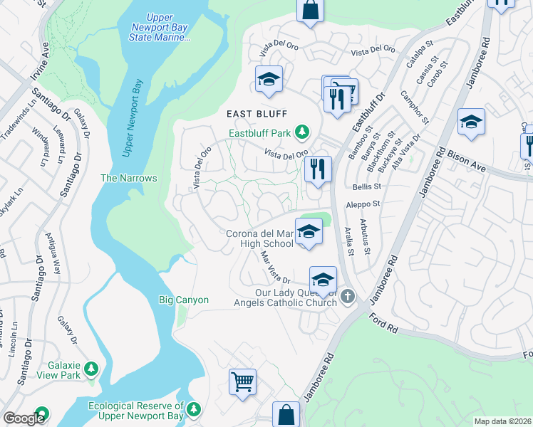 map of restaurants, bars, coffee shops, grocery stores, and more near 2107 Vista Laredo in Newport Beach