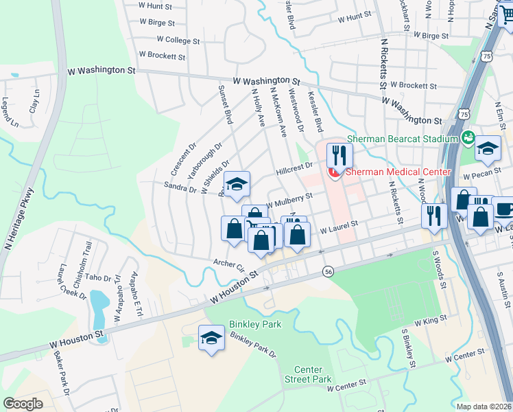 map of restaurants, bars, coffee shops, grocery stores, and more near 401 Sunset Boulevard in Sherman