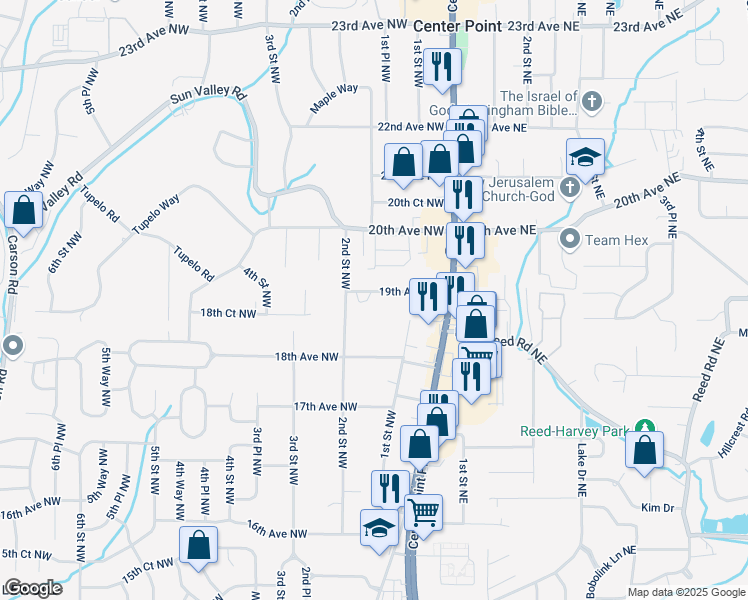 map of restaurants, bars, coffee shops, grocery stores, and more near 105 19th Avenue Northwest in Center Point