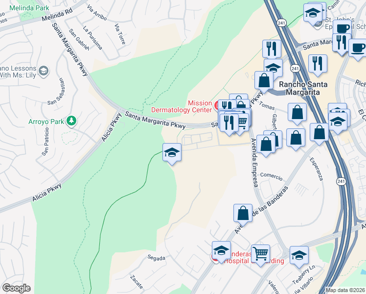 map of restaurants, bars, coffee shops, grocery stores, and more near 16 Abrigo in Rancho Santa Margarita