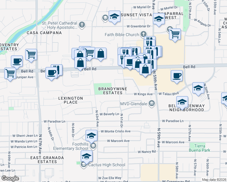 map of restaurants, bars, coffee shops, grocery stores, and more near 16434 North 62nd Avenue in Glendale