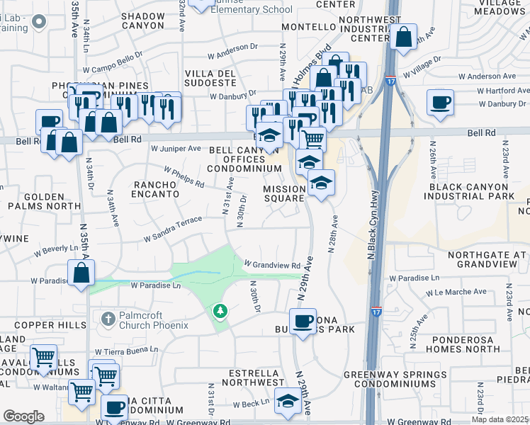 map of restaurants, bars, coffee shops, grocery stores, and more near 3009 West Kelton Lane in Phoenix