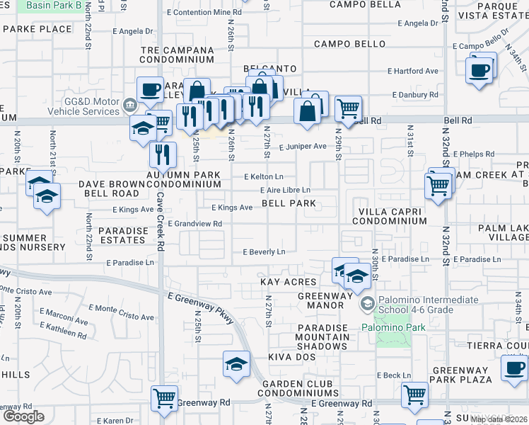 map of restaurants, bars, coffee shops, grocery stores, and more near 2645 East Kings Avenue in Phoenix