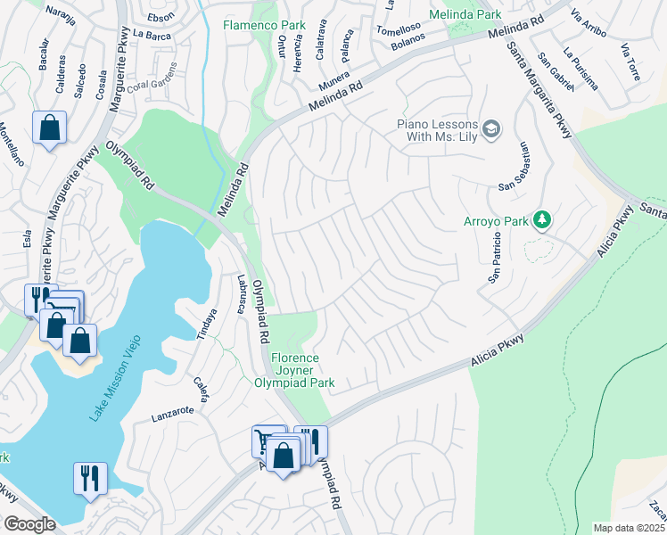 map of restaurants, bars, coffee shops, grocery stores, and more near 22471 Birchcrest in Mission Viejo